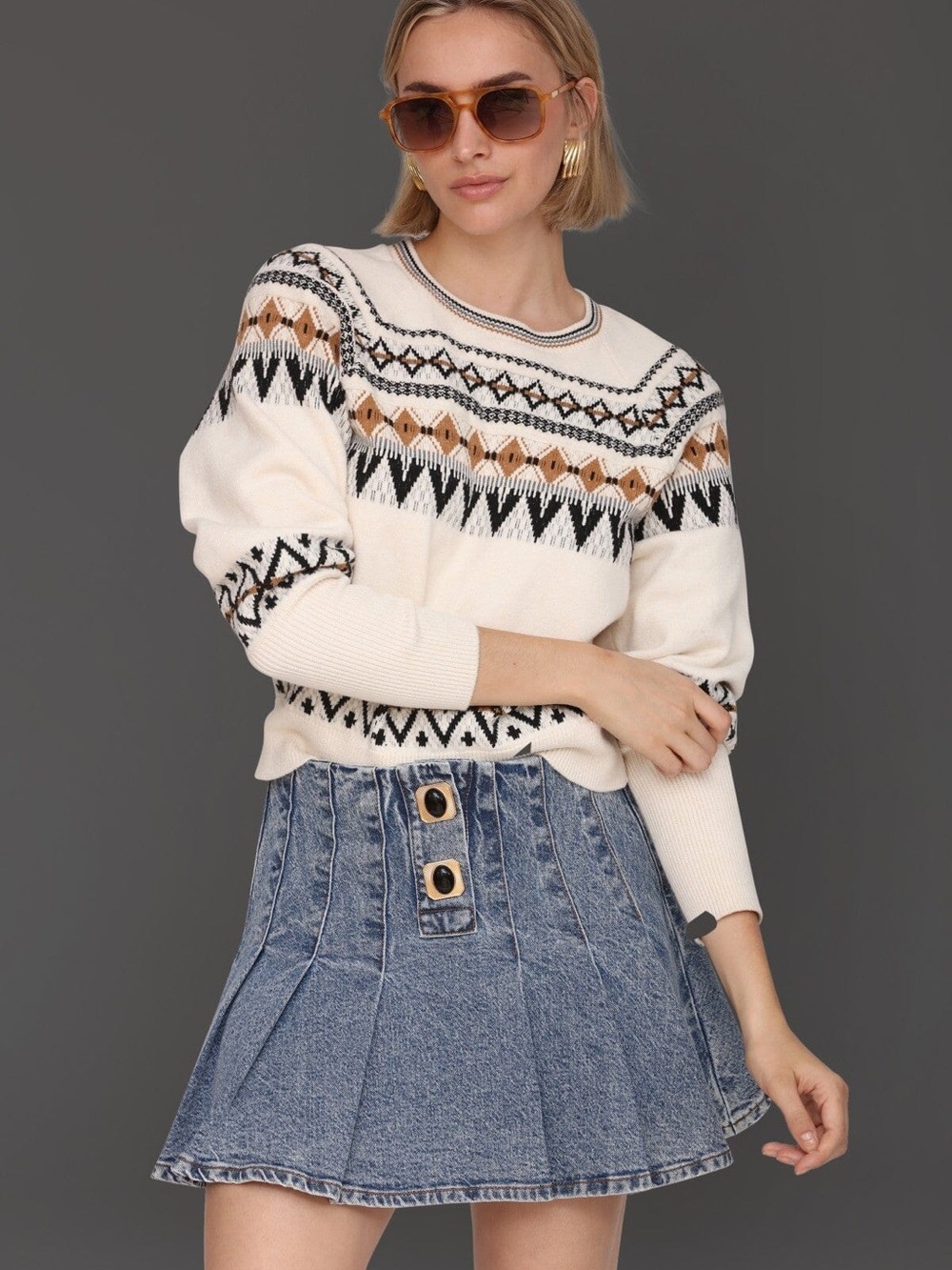Cream Fair Isle Puff Sleeve Sweater Size XL